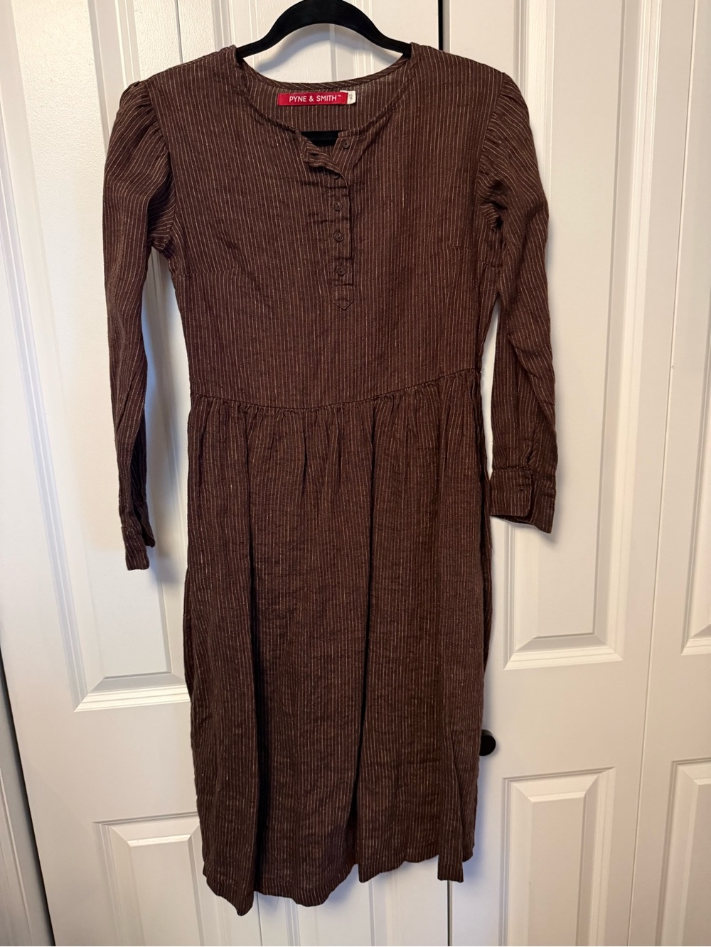 Pyne & Smith Brown Pinstripe Linen Long-Sleeve Midi Dress